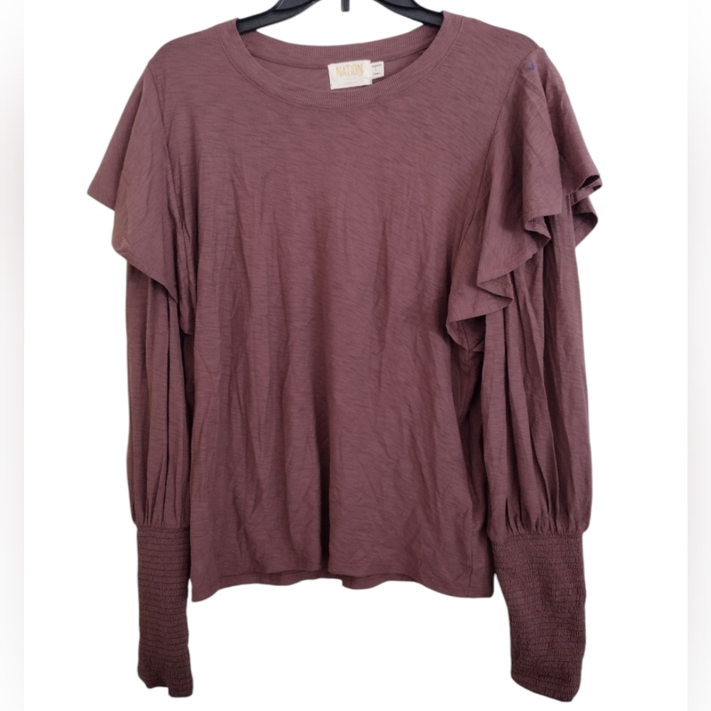 Nation Ltd Reeva Desert Mauve Ruffle Puffed Sleeve Top Size Large